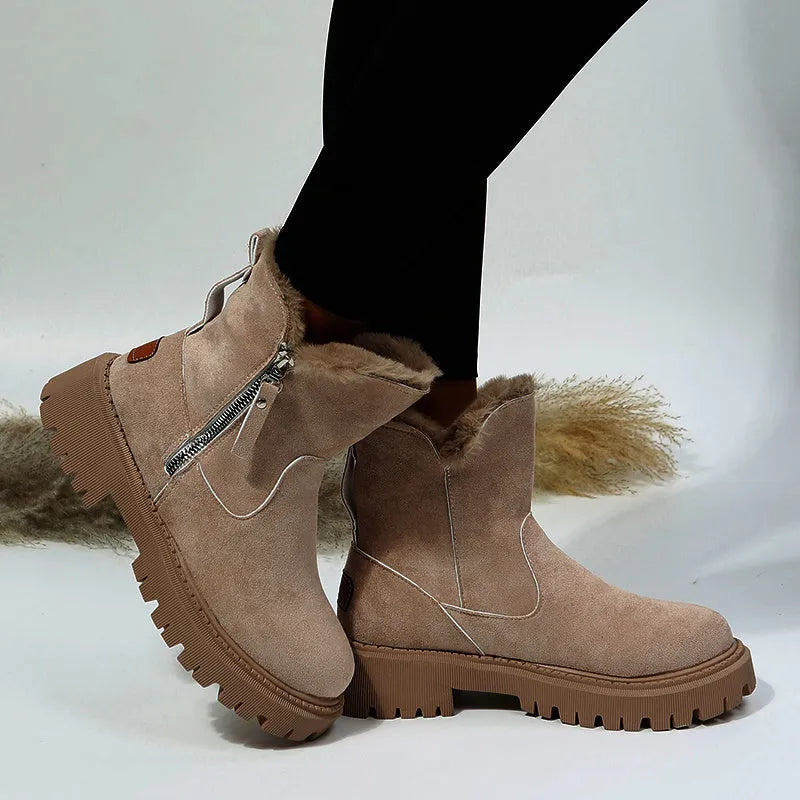 Women's black thick plush high-top snow boot with side zip and non-slip rubber sole.