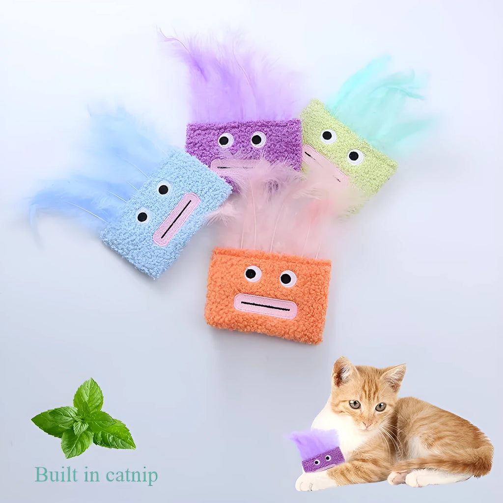 Catnip plush toy with funny big mouth explosion head design in blue green orange purple colours