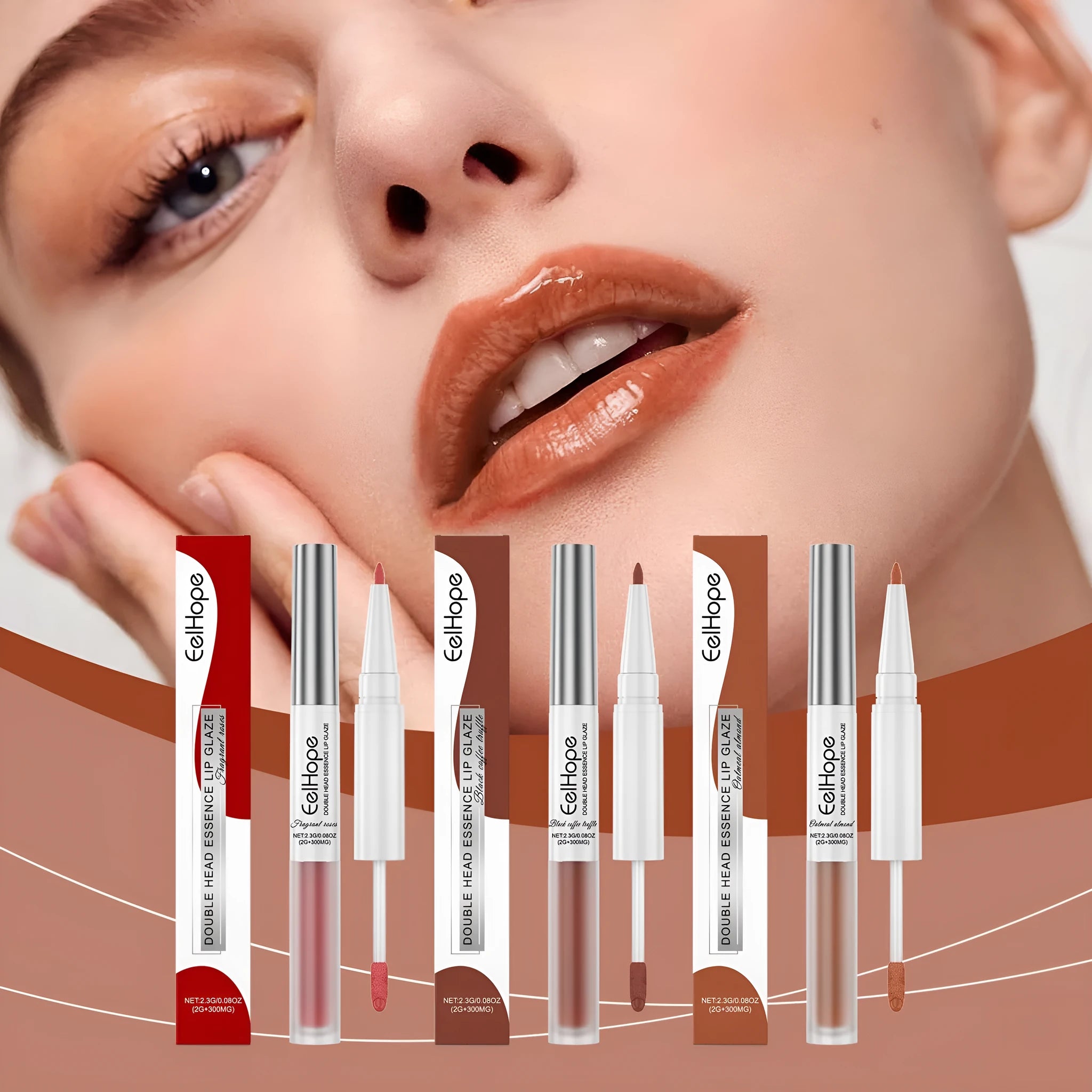 Double-headed lip liner and lacquer pen with three colour options
