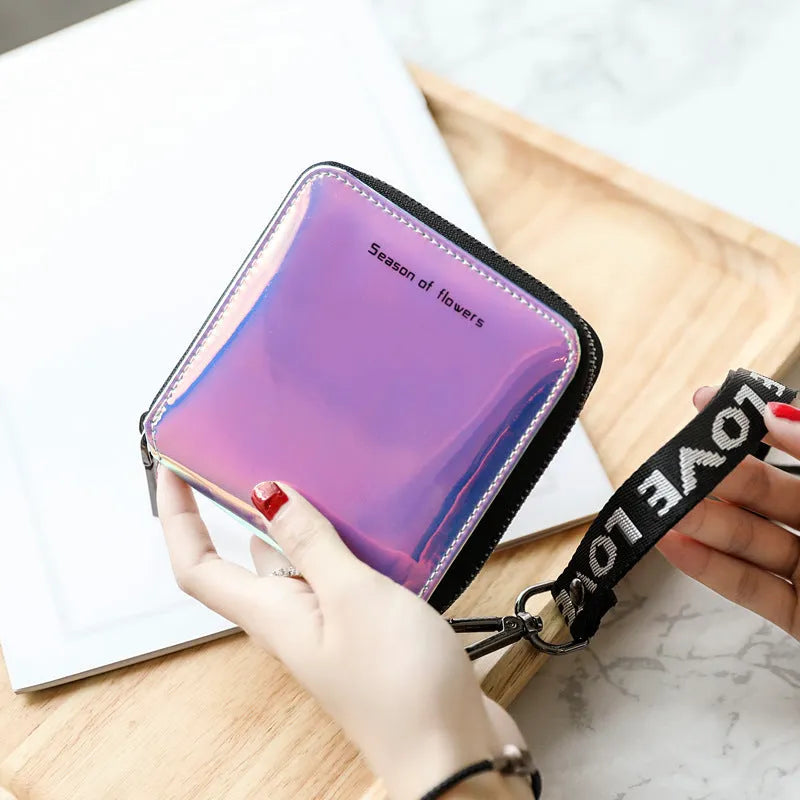 Women's short folding Korean style wallet in crystal blue, magic nail glitter, or symphony green colours showing 11cm dimensions