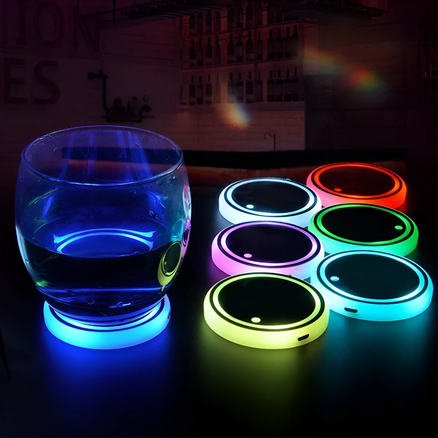 68mm LED cup holder coaster with 7-colour RGB lighting for cars, showing non-slip acrylic surface and USB charging port