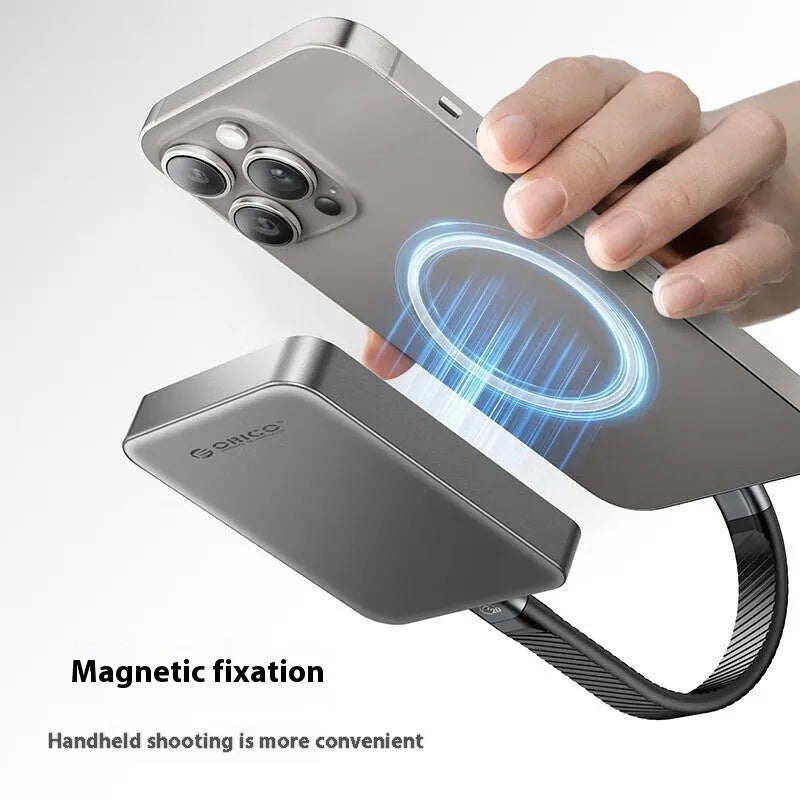 Grey alloy plastic magnetic mobile SSD external hard drive with C to C cable and magnetic ring.