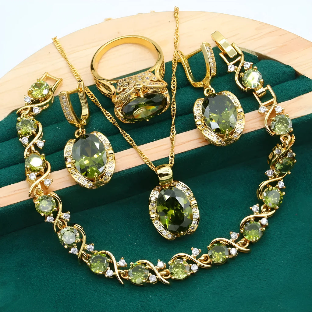Women's rhinestone zircon jewellery set with necklace, earrings, and ring in copper electroplated finish