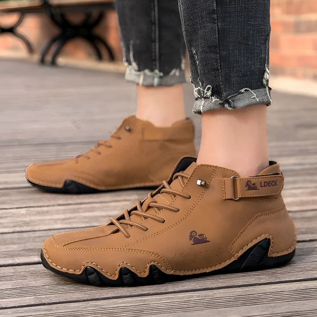 Men's high-top octopus design shoes in khaki, flat rubber sole, microfiber upper.