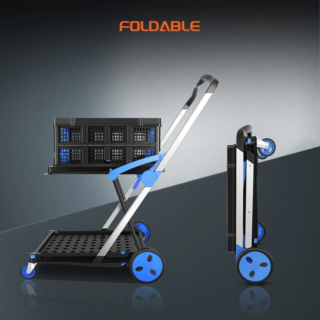 Foldable plastic shopping cart with double-layer basket in blue colour option