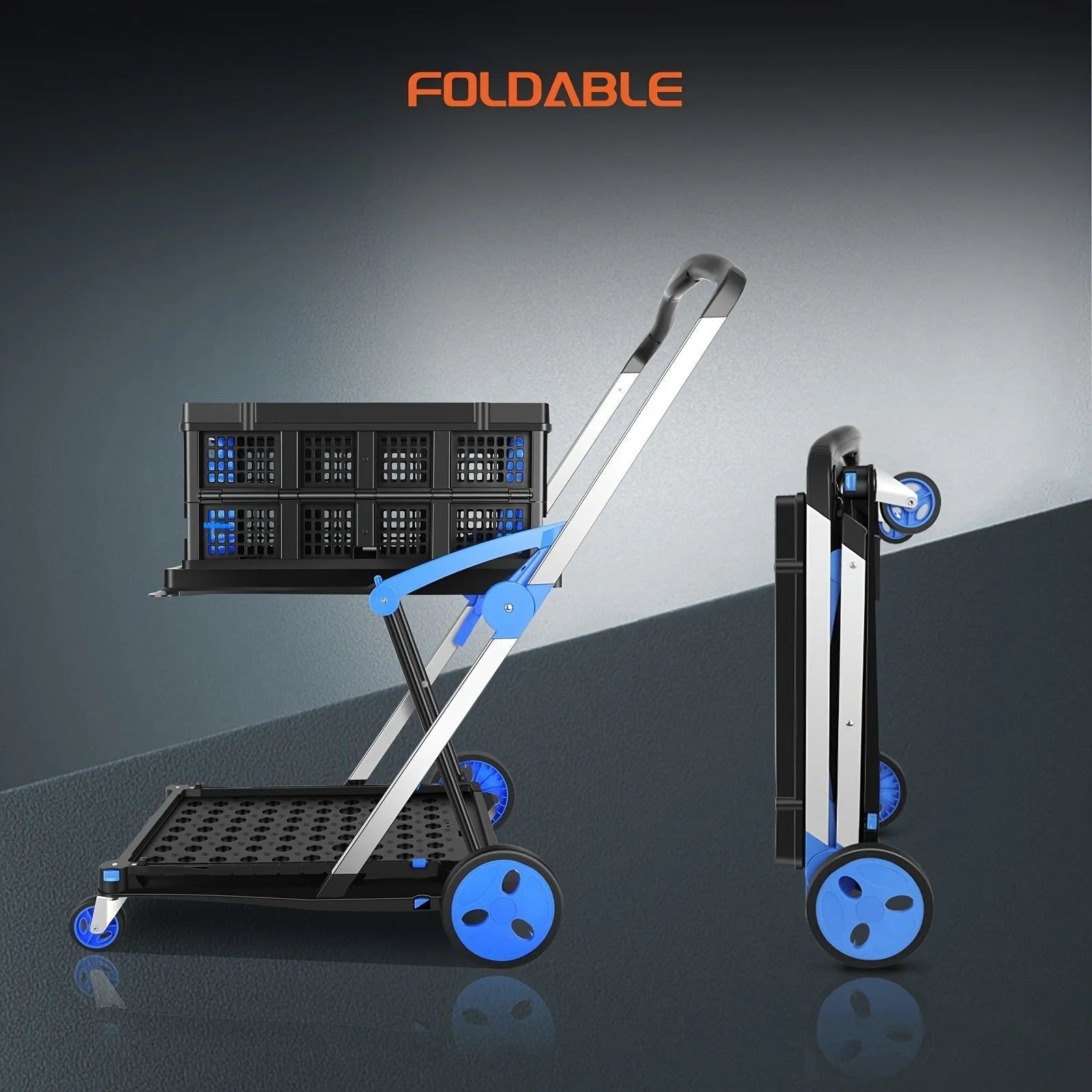 Foldable plastic shopping cart with double-layer basket in blue colour option