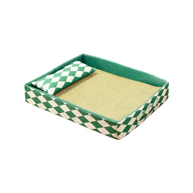 Blue rattan cat litter mat serving as a fixed bed in a home setting.