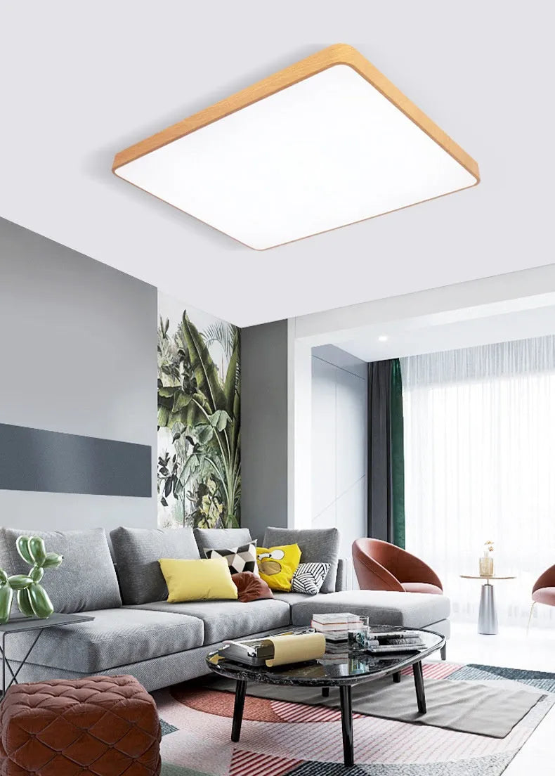 Nordic modern LED bedroom light with wood grain finish in square design
