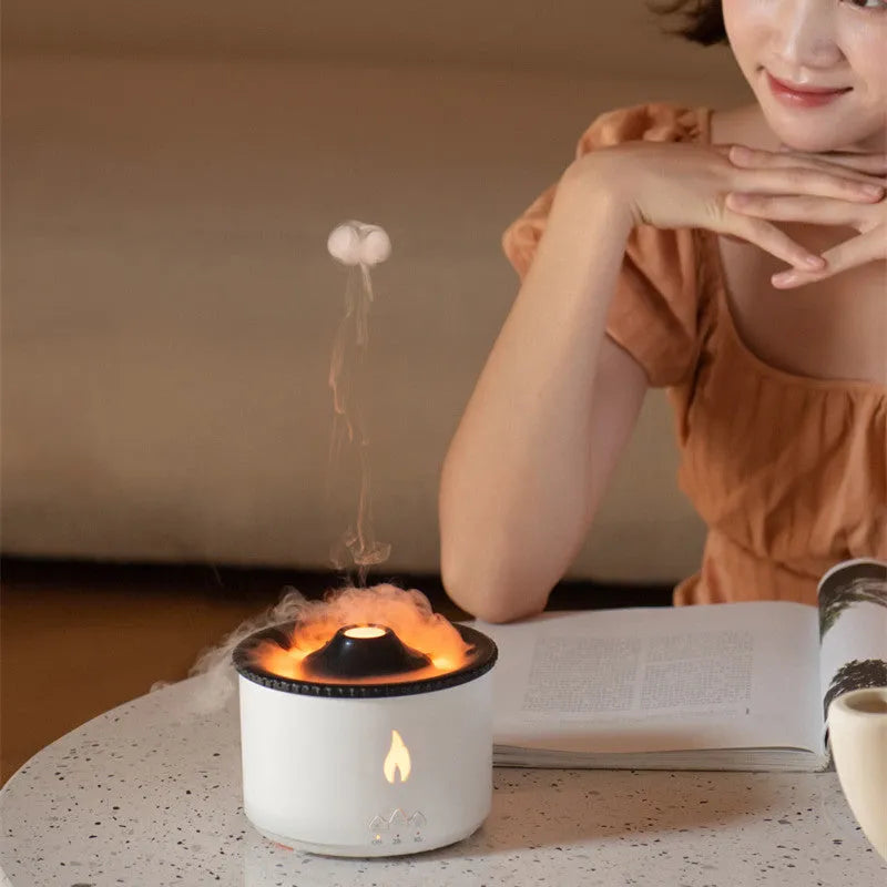 New two-color spray ring volcano humidifier in white, plastic construction, single fog outlet, timer function