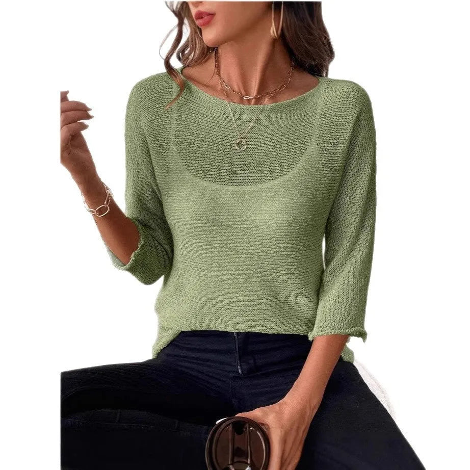 Women's knitted off-shoulder pullover top in light blue with a 3D pattern and 3/4 sleeves.