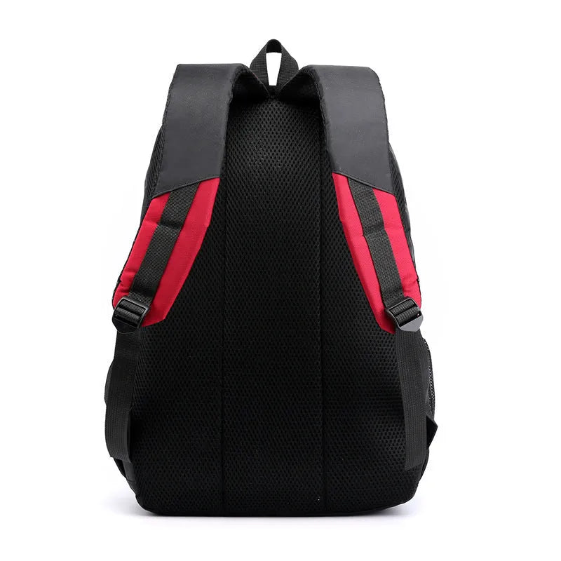 Nylon waterproof schoolbag with airpillow straps, in black, blue, gray, and red colours