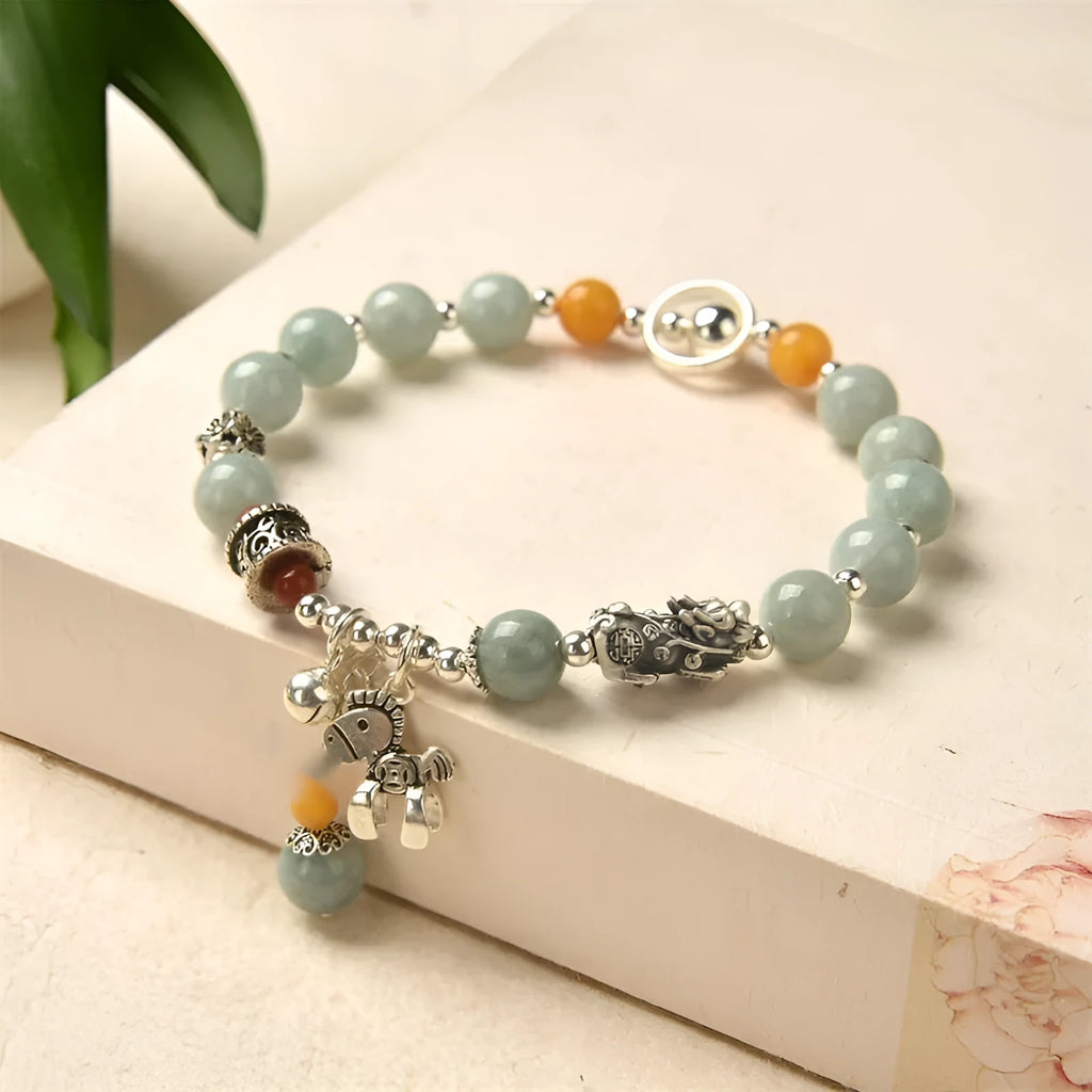 Natural emerald niche senior vintage bracelet with manual DIY craftsmanship, natural jade and alloy, retro style