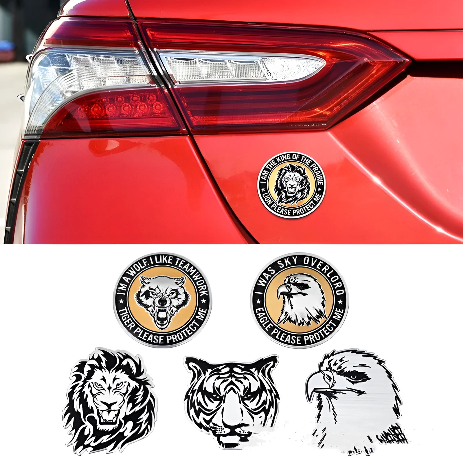 Set of six aluminium metal stickers for cars featuring lion, eagle, tiger and wolf head designs.