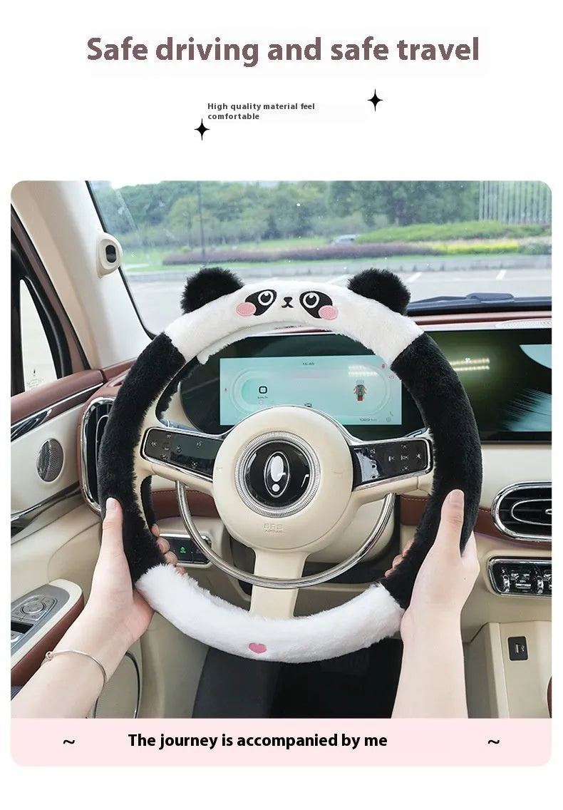 Plush winter car steering wheel cover with embroidered bear motif, designed for 38cm diameter wheels.