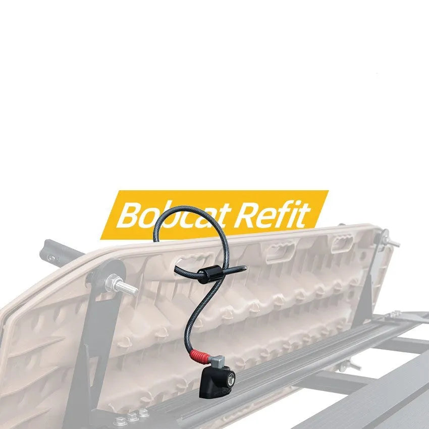 Plastic-sheathed steel cable fixed lock for securing equipment on a vehicle roof platform.