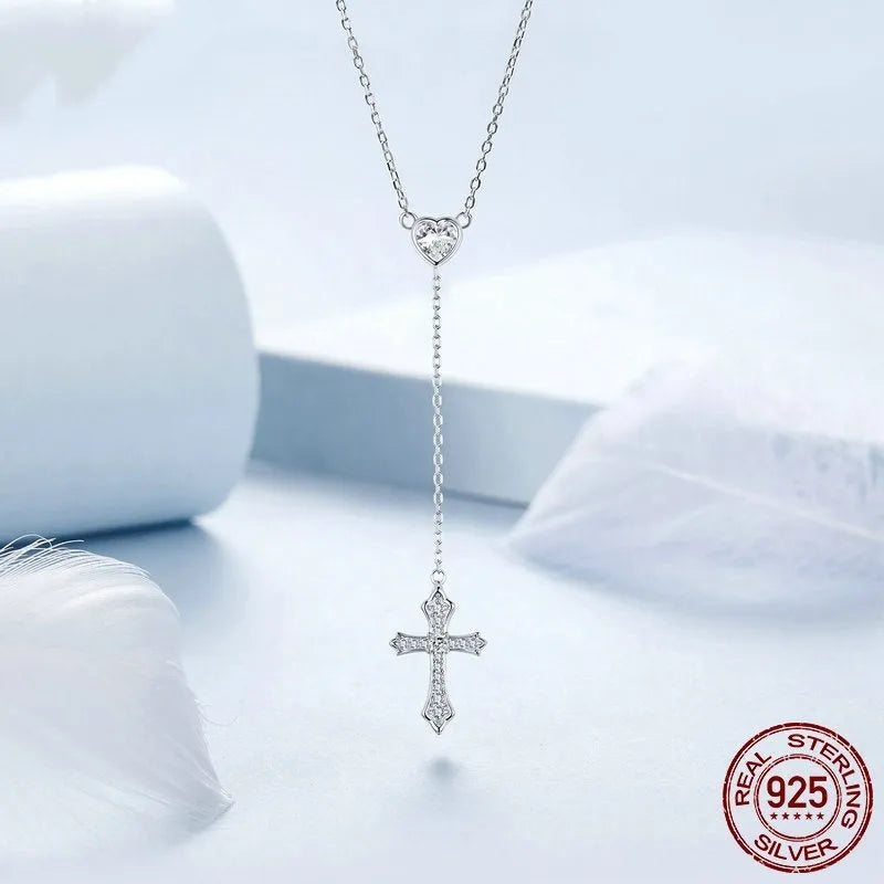 Sterling silver cross necklace with V-neck pendant on O-ring chain