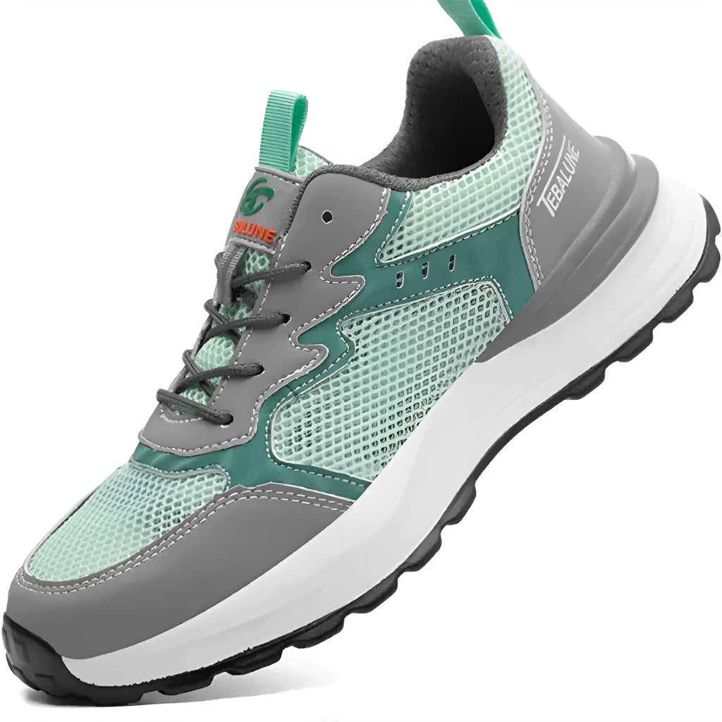 Green low-top anti-smash work shoes with plastic steel toe, mesh upper, and TPU sole