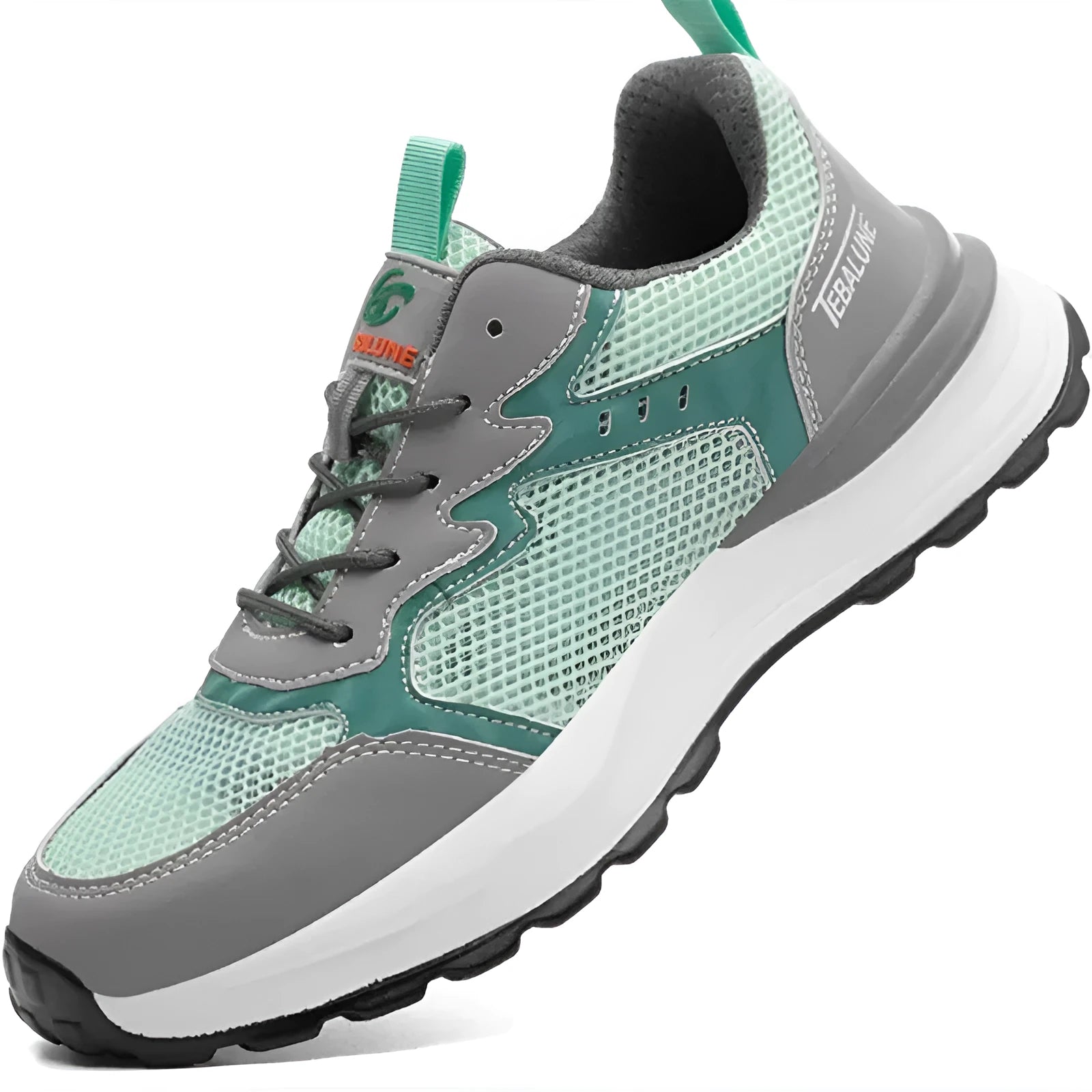 Green low-top anti-smash work shoes with plastic steel toe, mesh upper, and TPU sole