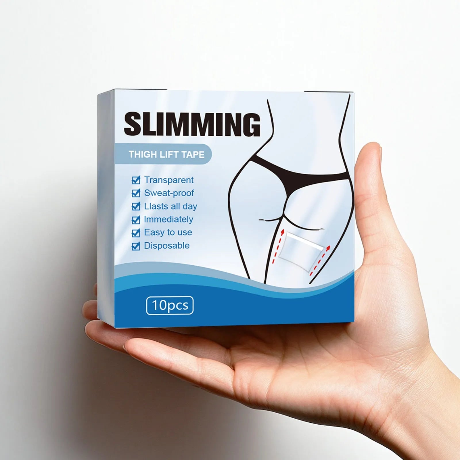 Box of 10 body shaping stickers measuring 12cm square with hyaluronic acid and collagen