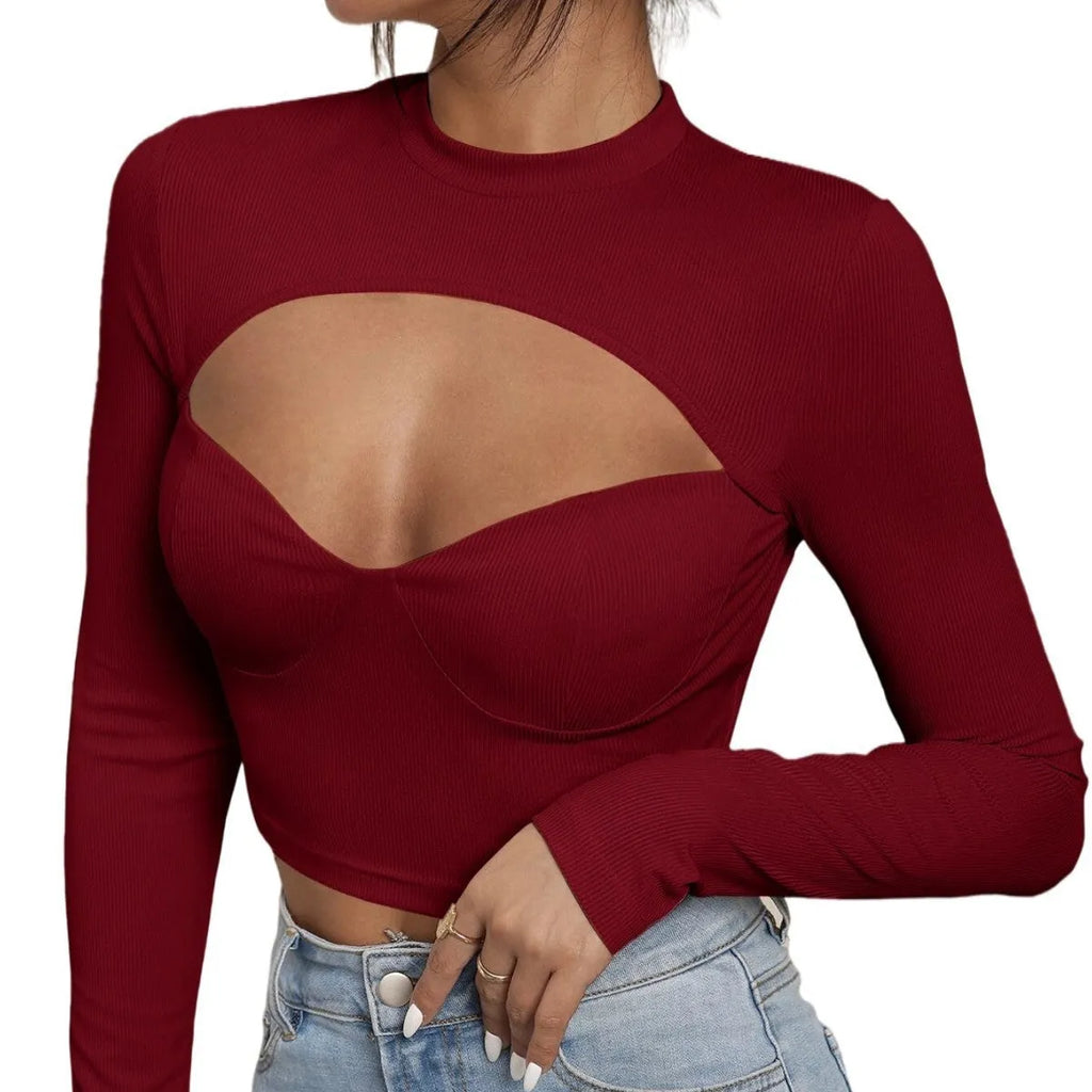 Women's slim-fit hollow-out top in black with high neck, long sleeves, and ribbed texture