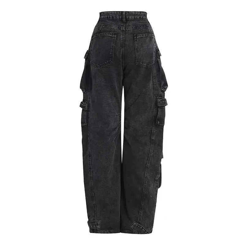 Blue tie-dye women's high waist wide leg denim trousers with multiple pockets on a mannequin.