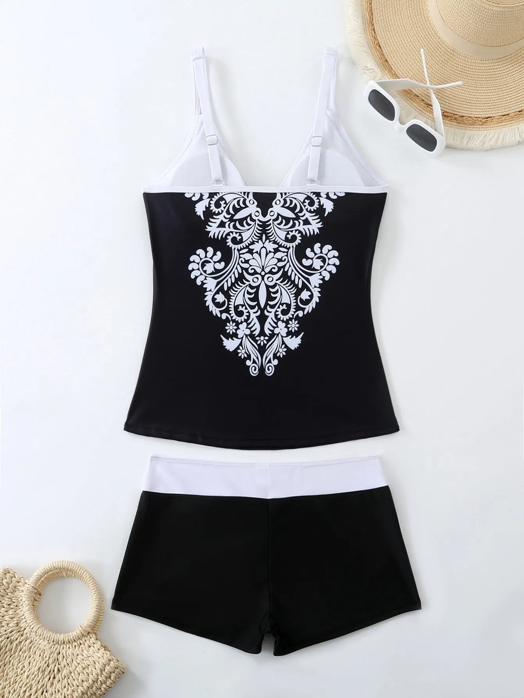 Black and rose red plus size female split swimsuit with briefs style for swimming.