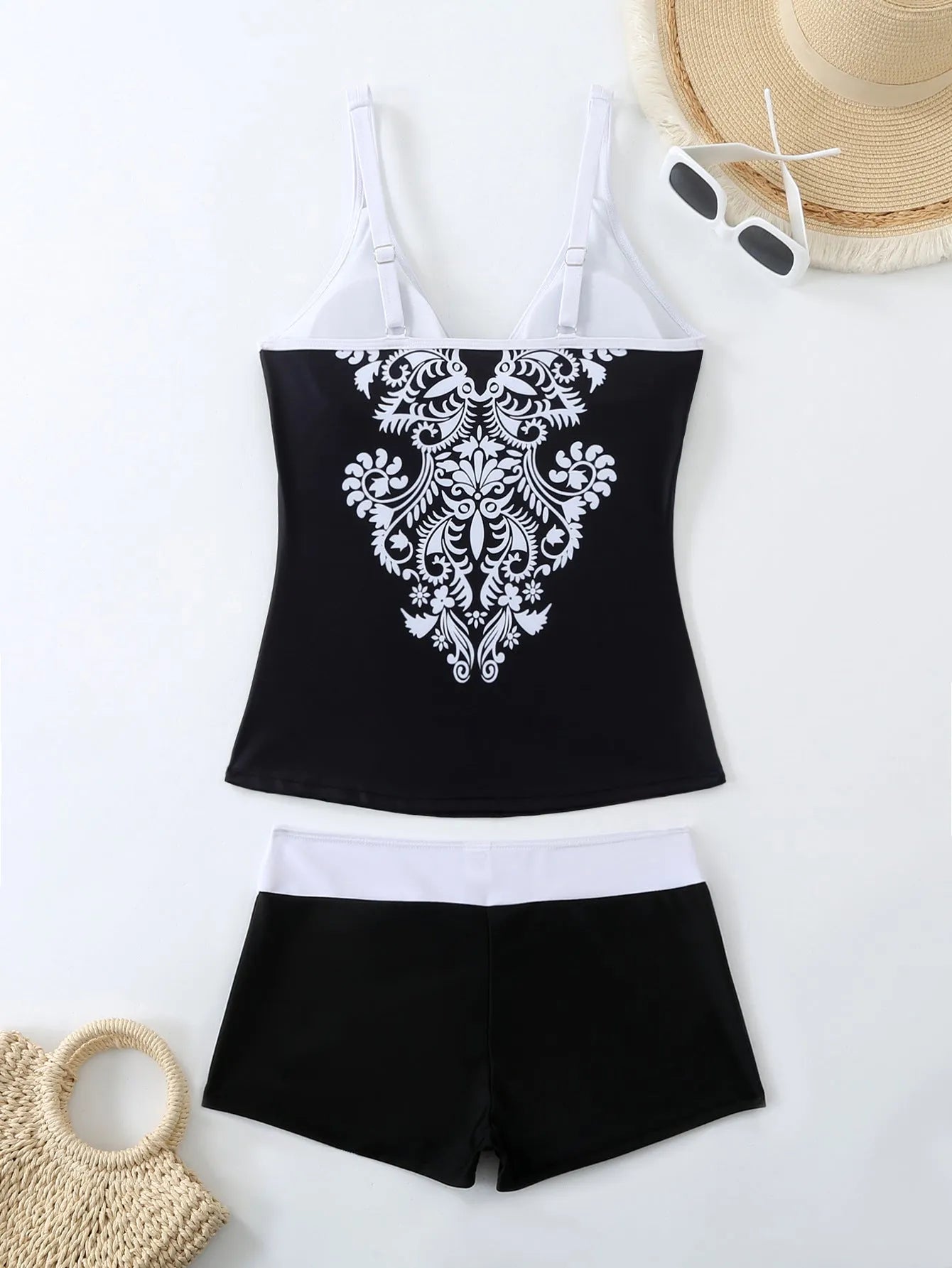 Black and rose red plus size female split swimsuit with briefs style for swimming.