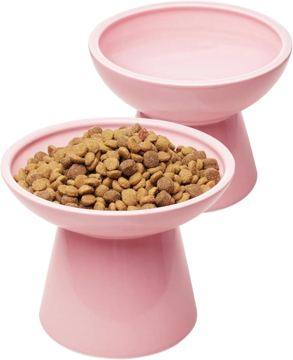 Ceramic elevated cat food bowl in blue, showing wide shallow dish on raised base.