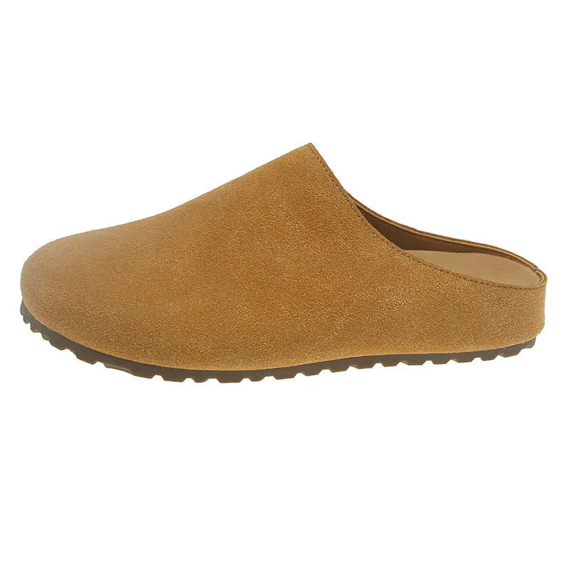 Korean style microfiber slip-on slippers with square toe in apricot colour