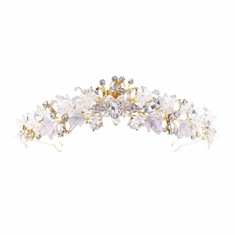 Women's pearl crown headdress with alloy construction and electroplated gold finish