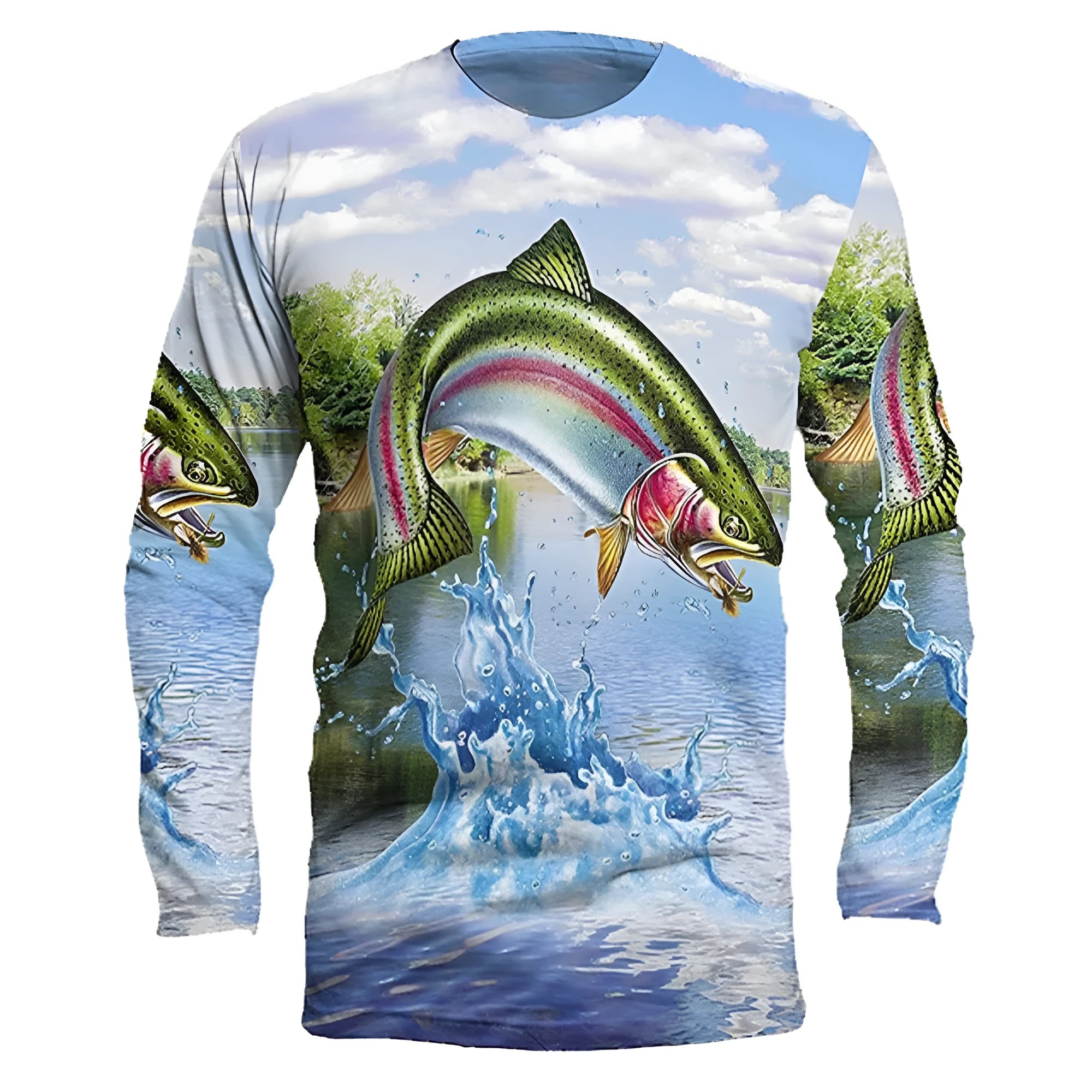 Men's grey pullover with a colourful fish print on the chest, showing round neck and long sleeves.