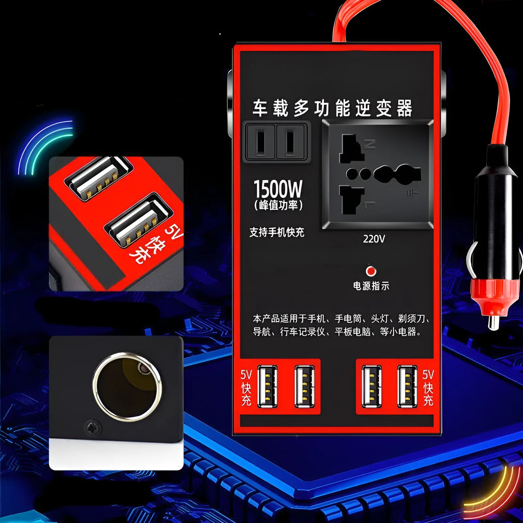Black automotive power converter converting 12V 24V vehicle power to 220V with USB charging ports