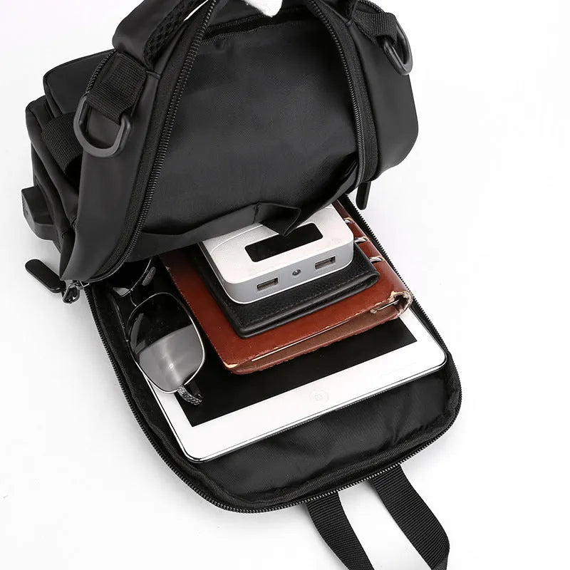 Multifunction nylon bag for men with USB charging port, medium square shape, in khaki colour