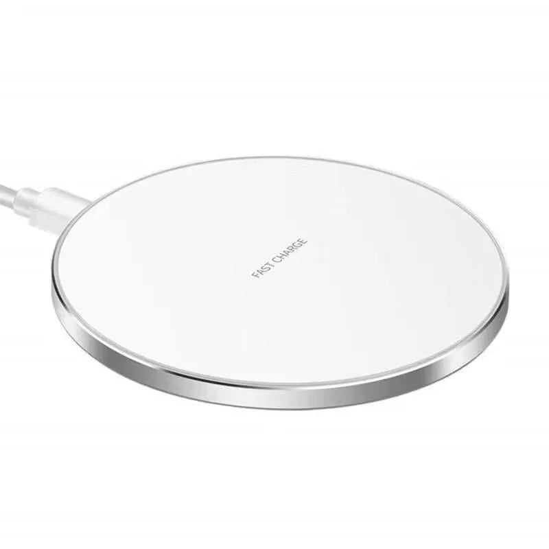 Black frosted 15W wireless charger for mobile phones with Type-C cable on a desk