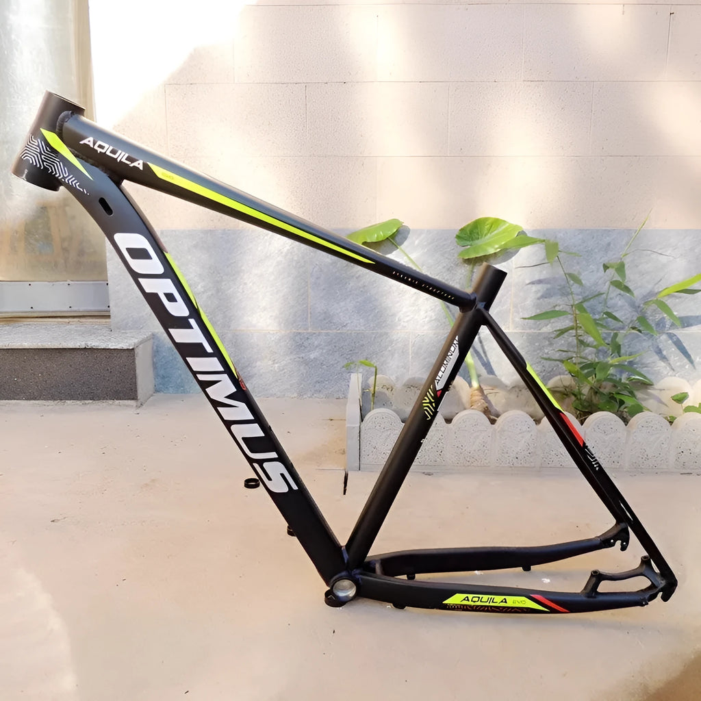 Black Green aluminium mountain bike frame for 29-inch wheels with disc brake mount and internal cable routing ports