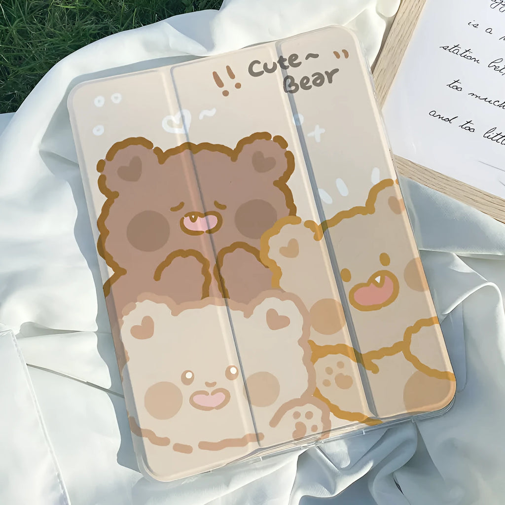 Silicone tri-fold protective case for iPad with cartoon rabbit design, shown folded as a stand.