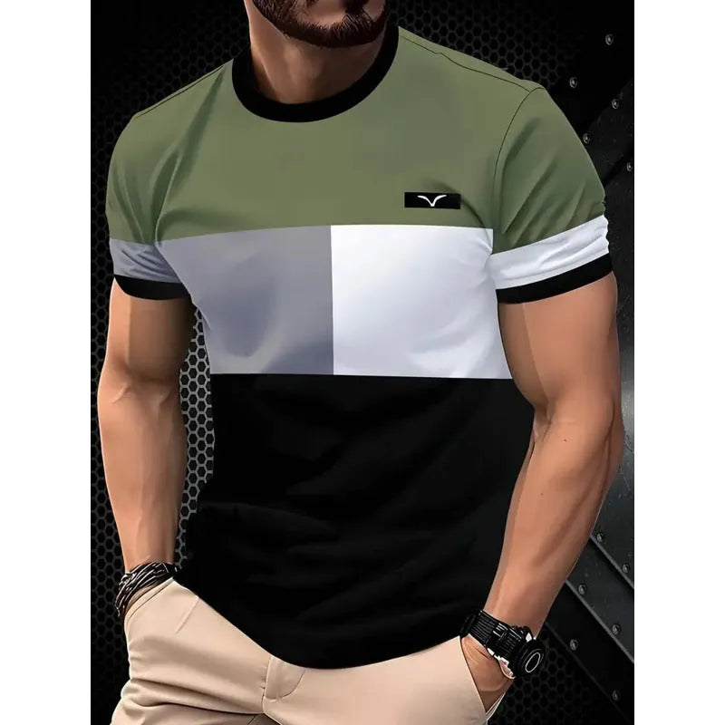 Men's loose grey T-shirt with colourful 3D printed vertical stripes, short sleeves, casual fit