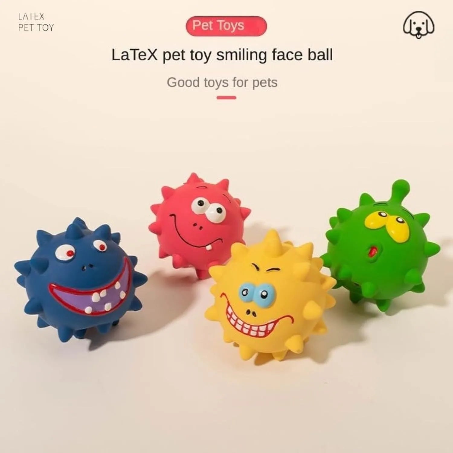 Set of four colourful natural latex squeaky dog balls with cute faces on a blue, green, red, and yellow background
