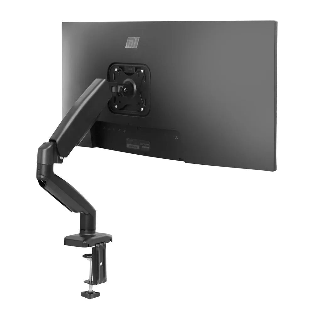 Black rotating telescopic LCD screen bracket elevated on table with monitor