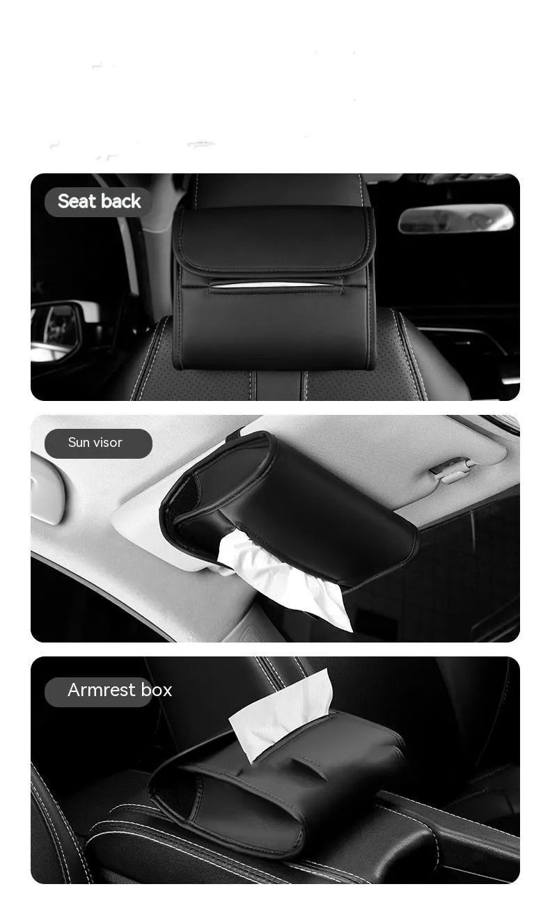 Leather car tissue box with elastic band for mounting on sun visor or chair back