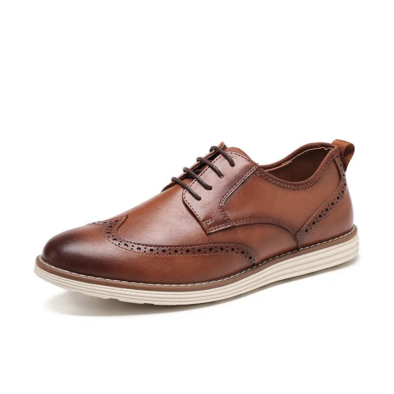 Men's black and brown slip-on business casual shoes with round toe and sculptured detailing