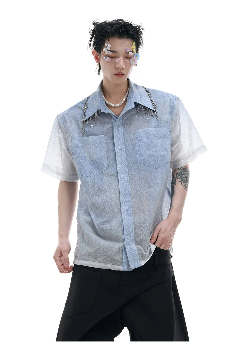 Men's blue and white gradient short sleeve shirt with quilted detail and loose fit style