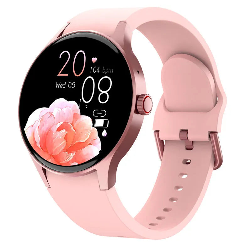 46mm smart sport watch with round colour touch screen shown in black, blue, pink, or red colours