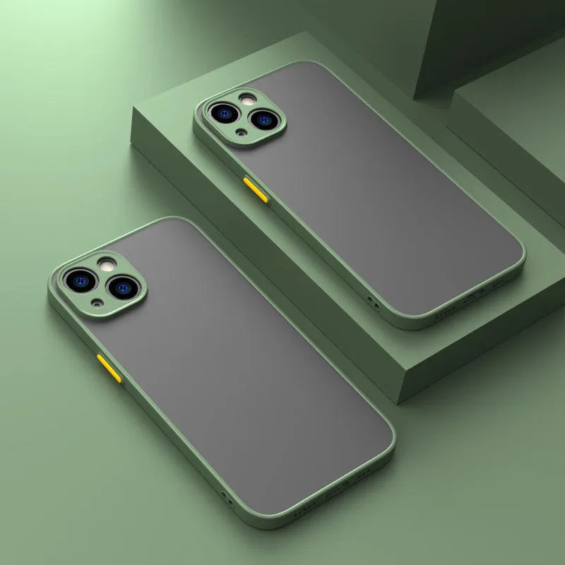 Frosted hard iPhone protective case showing full lens cover and fine holes for skin-sensing.