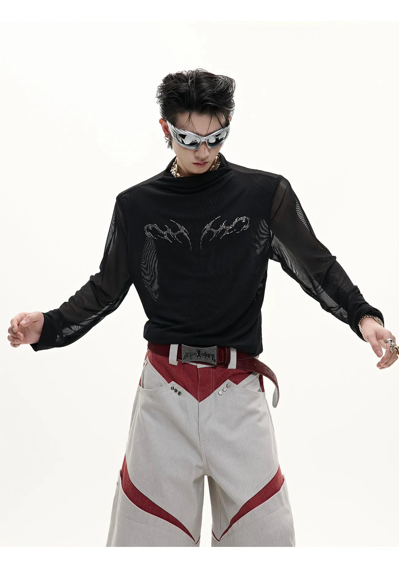 Black and white mesh ice-feel slim fit long sleeve bottoming shirt for layering