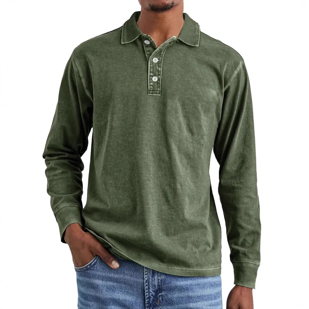 Men's retro washed black cotton long sleeve polo shirt with lapel collar laid flat
