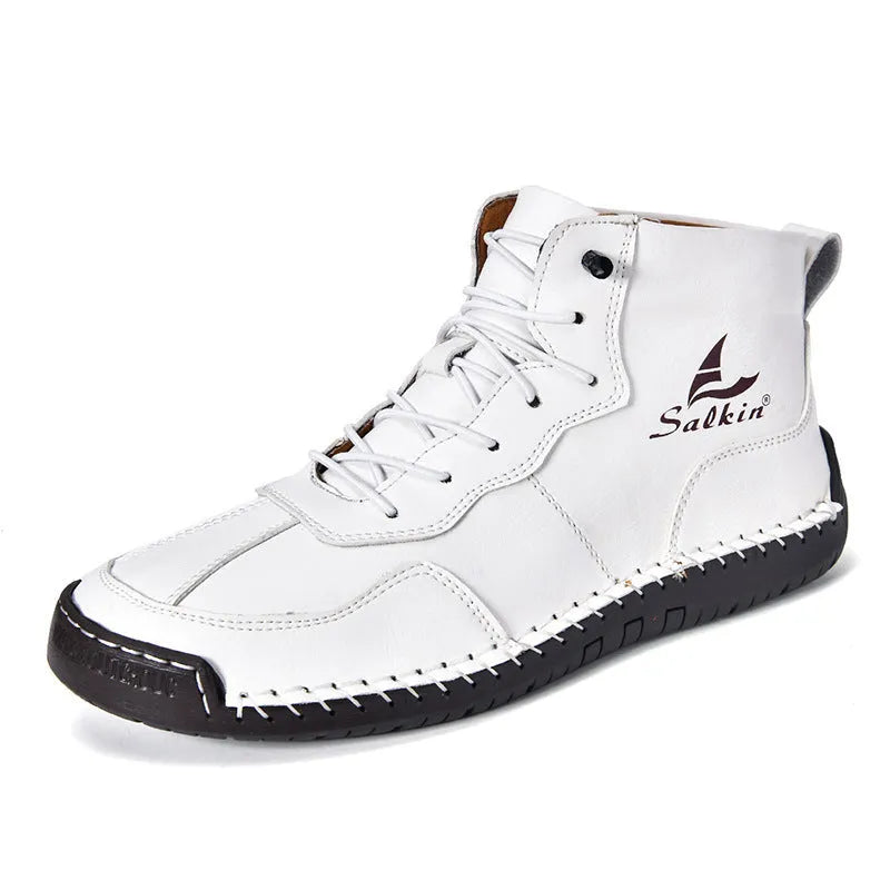 Retro high-top casual leather boots with frosted finish and round toe in beige