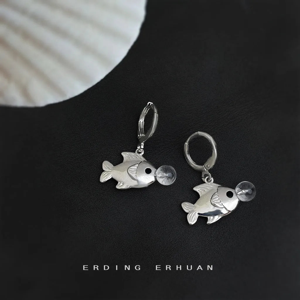 Copper bubble fish earrings with animal modelling and electroplated goldfish style design