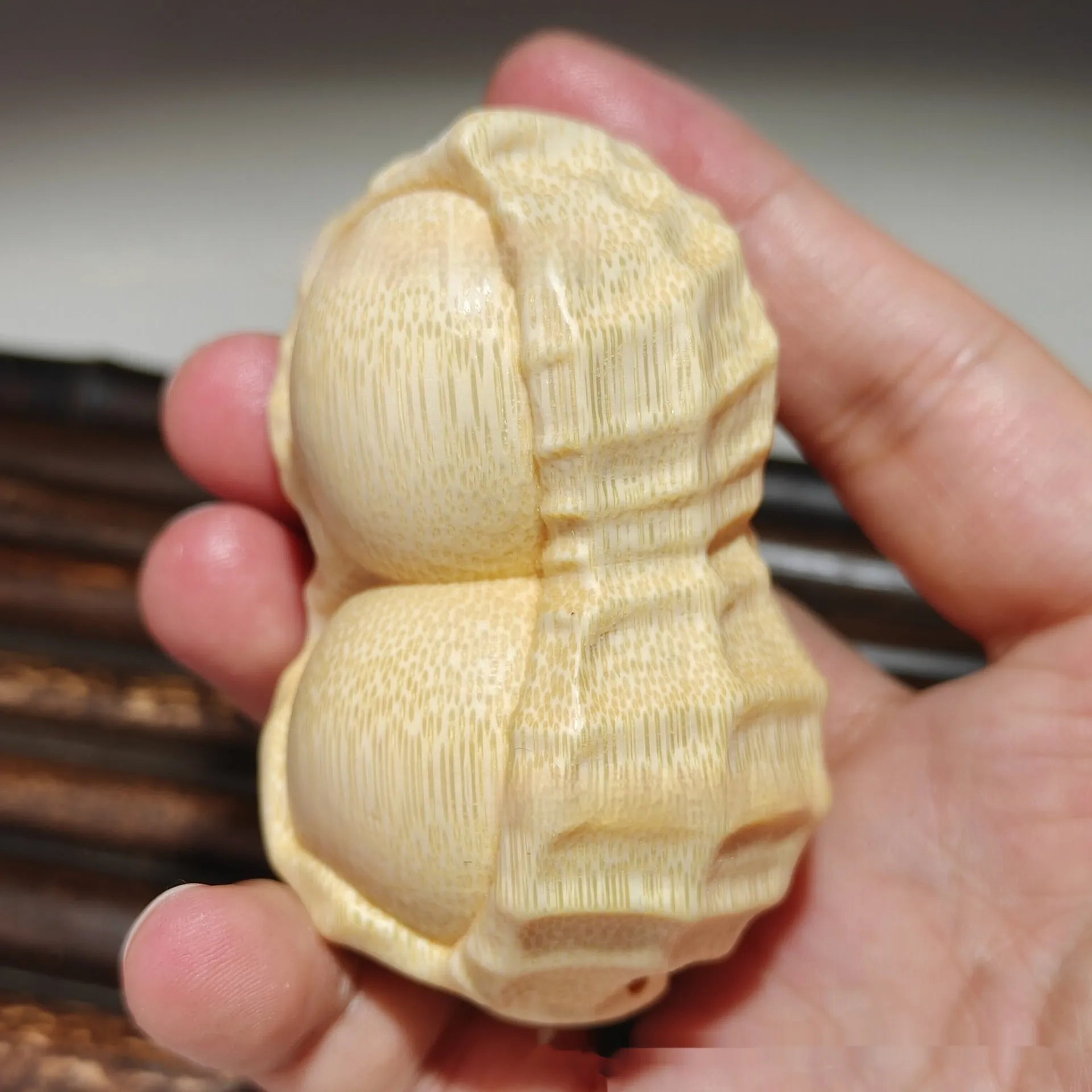 Natural solid bamboo carving peanut ornament with modern simplicity design for gift giving