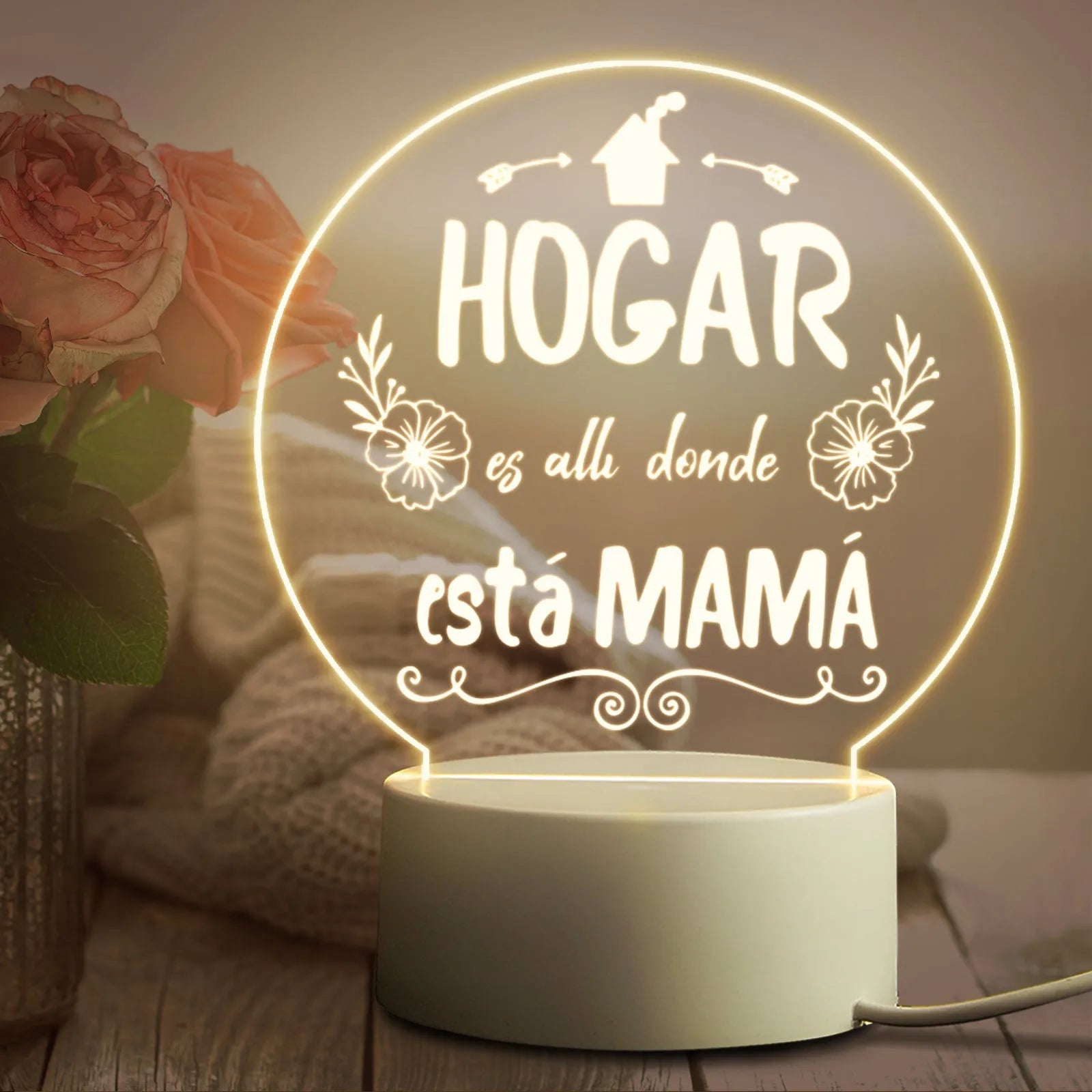 Acrylic LED night light with warm light on white base, USB powered, modern minimalist bedside decoration